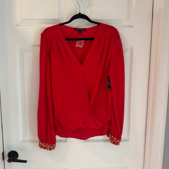 Boston Proper Tops - Boston Proper Wrap Blouse Womens Large Red New Embellished Cuff V-Neck Top